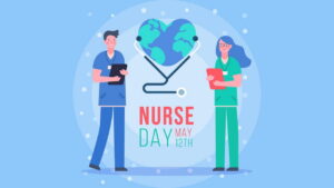 Male and female nurses beside heart-shaped earth with stethoscope