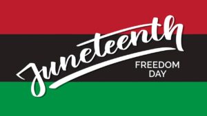 red, black and green stripes with "Juneteenth" writing
