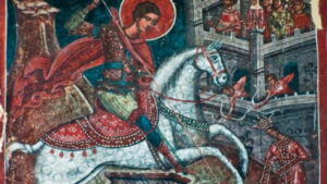 Saint George riding a white horse