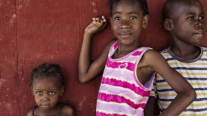 Children pose in a camp for internally displaced people (IDPs) in Haiti.