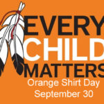 Two feathers with "Every child matters"